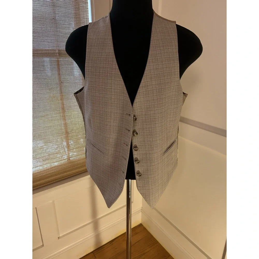VTG 70 Plaid Polyester Western Rodeo Reversible Vest Browns Tans Flap Pocket 44